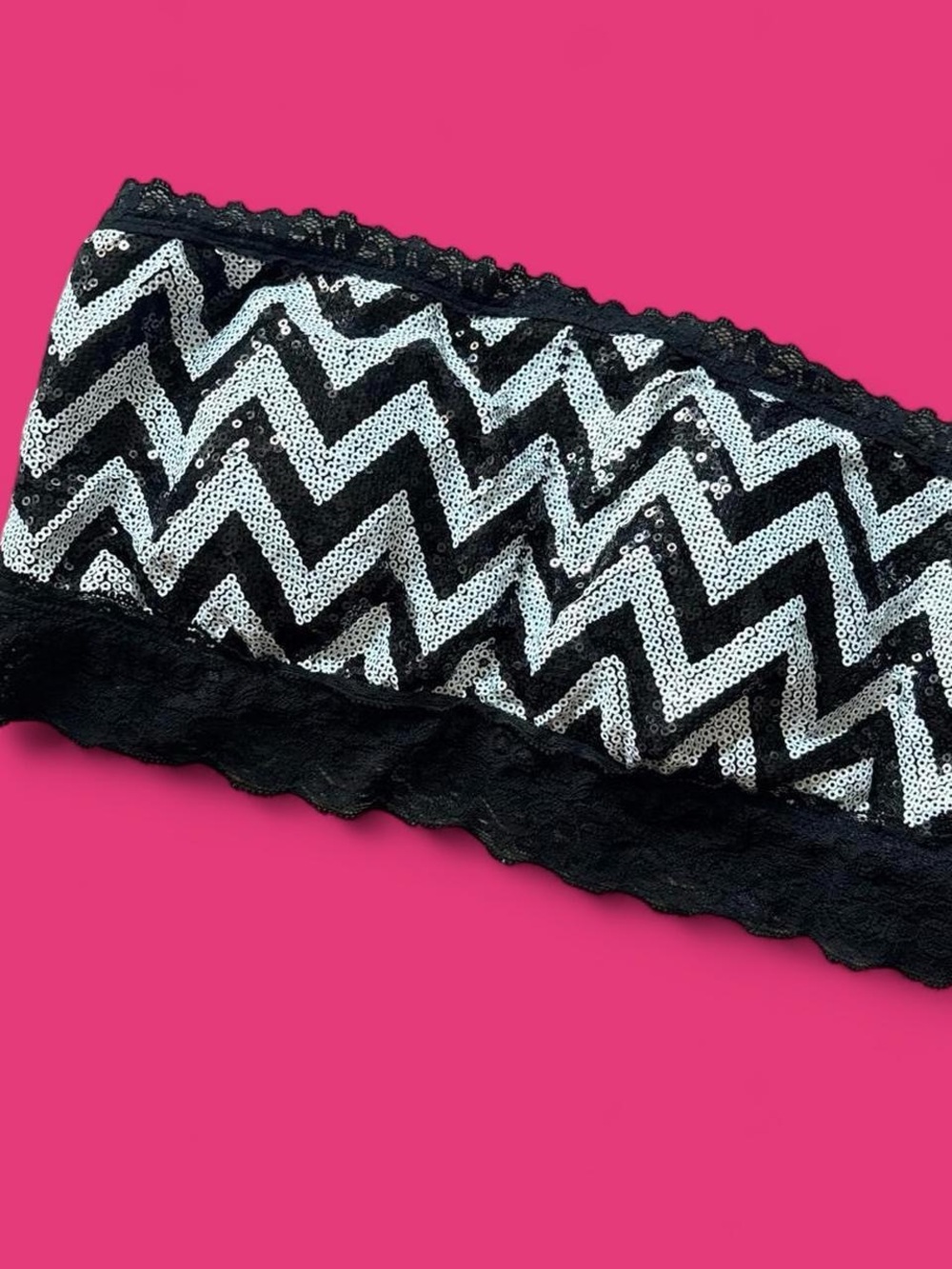 Y2K Sequin Chevron Lace Bandeau Bralette - Black/White